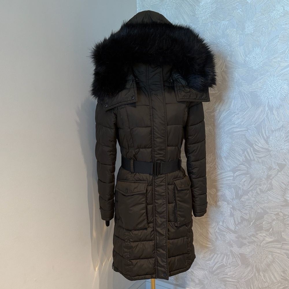 French Connection Long Puffer Coat – Belted Faux Fur Hooded Winter Jacket